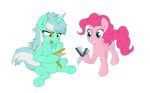  amber_eyes blue_eyes butterfly_knife cutie_mark equine female feral friendship_is_magic fur green_fur hair horn horse knife long_hair lyra_(mlp) lyra_heartstrings_(mlp) mammal my_little_pony open_mouth pink_fur pink_hair pinkie_pie_(mlp) plain_background pony sitting smile standing teeth tongue tongue_out transparent_background two_tone_hair unicorn weapon xonxt yellow_eyes 