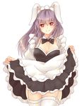  alternate_costume animal_ears apron bad_id bad_pixiv_id blush bow bowtie breasts bunny_ears cleavage detached_collar enmaided garter_straps highres large_breasts long_hair maid maid_headdress purple_hair red_eyes reisen_udongein_inaba simple_background skirt skirt_lift smile solo thighhighs touhou white_background white_legwear x&amp;x&amp;x 