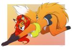  2019 all_fours amur anthro ass_up back_focus big_breasts big_butt big_tail bra breast_squish breasts butt canid canine clothed clothing digital_media_(artwork) female fox fur hair looking_at_viewer mammal orange_fur red_hair simple_background smile solo sports_bra stretching track_shorts underwear yellow_eyes 