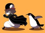  beak bird bob_cut boots brown_hair claws coat hat ken_(koala) long_sleeves open_clothes open_coat orange_background original pants parachute_pants penguin penguin_(koala) red_eyes running short_hair sleeve_cuffs spread_wings striped_sleeves 