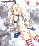  :&lt; :3 anchor ass black_panties blonde_hair blush brown_eyes butt_crack elbow_gloves gloves hair_ornament hair_ribbon highres k_do kantai_collection lifebuoy long_hair looking_at_viewer looking_back lying on_stomach open_clothes open_skirt panties pillow rensouhou-chan ribbon sailor_collar shimakaze_(kantai_collection) skirt solo striped striped_legwear thighhighs underwear white_gloves 