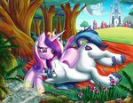  blanket blue_eyes blue_hair building crown cutie_mark equine female feral flower forest friendship_is_magic fur grass hair horn horse kcday long_hair lying male multi-colored_hair my_little_pony on_side outside pony princess_cadance_(mlp) purple_eyes shining_armor_(mlp) sky smile tree unicorn water white_fur winged_unicorn wings 