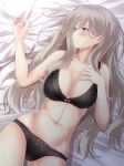  absurdres bangs bare_shoulders bed_sheet black_bra black_panties blonde_hair blue_eyes blush bra breasts cleavage collarbone eyebrows_visible_through_hair grey_hair groin hair_between_eyes hand_up highres holding holding_ring jewelry kantai_collection lace lace-trimmed_bra lace-trimmed_panties large_breasts lingerie long_hair lying mole mole_under_eye mole_under_mouth navel on_back panties ribbon-trimmed_bra ribbon-trimmed_panties richelieu_(kantai_collection) ring sidelocks smile solo stomach twinameless underwear underwear_only yellow_eyes 