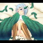  animal_ears bed blue_eyes blush bottomless breasts claws feathered_wings feathers green_wings harpy highres kiyomin letterboxed looking_at_viewer lying monster_girl navel on_back one_eye_closed original pillow pussy short_hair silver_hair small_breasts solo underboob wings 