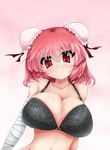  bandages blush bra breasts cleavage double_bun highres huge_breasts hydrant_(kasozama) ibaraki_kasen midriff navel pink_hair red_eyes short_hair solo touhou underwear underwear_only 