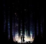  1girl bad_id bad_pixiv_id dark eren_yeager forest harada_miyuki highres mikasa_ackerman nature outdoors plant scarf shingeki_no_kyojin silhouette tree 