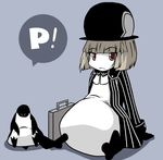  ascot bad_id bad_pixiv_id beak bird blue_background bob_cut boots borrowed_character briefcase brown_hair coat collar gloves hat long_sleeves looking_at_viewer nijimofu open_clothes open_coat original pants parachute_pants penguin penguin_(koala) red_eyes short_hair simple_background sitting sleeve_cuffs striped_sleeves 