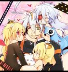  3girls ahoge blazblue doll eyepatch lambda-11 mu-12 multiple_girls nu-13 pinching ragna_the_bloodedge red_eyes smile uzukinoko 