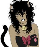  animal_ears bare_shoulders bell bell_choker black_hair breasts cat_ears cat_tail choker cleavage dark_skin drawfag eden_no_ori fangs flat_color kemonomimi_mode large_breasts long_hair messy_hair one_eye_closed ooguro_rei paw_print solo tail 