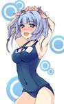  arms_up blue_hair breasts highres i-19_(kantai_collection) kantai_collection kk large_breasts long_hair one-piece_swimsuit red_eyes school_swimsuit solo swimsuit twintails 