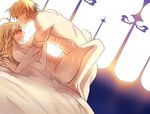  1girl ahoge artoria_pendragon_(all) bad_id bad_pixiv_id blonde_hair blush breath earrings fate/stay_night fate_(series) gilgamesh green_eyes hair_down hetero jewelry lorein nude red_eyes saber sex sweat 