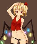  arm_up armpits bare_shoulders black_legwear black_panties blonde_hair flandre_scarlet hair_ribbon looking_at_viewer miyo_(ranthath) no_hat no_headwear no_pants panties panty_pull red_eyes ribbon smile solo thighhighs touhou underwear wings 