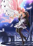  ^_^ akemi_homura bad_id bad_pixiv_id black_hair blush blush_stickers boots bow breasts cityscape cleavage cleavage_cutout closed_eyes feathers gloves good_end hair_bow happy_tears high_heels kaname_madoka kyubey long_hair magical_girl mahou_shoujo_madoka_magica multiple_girls night night_sky open_mouth pantyhose pink_hair purple_eyes ribbon shingyouji_tatsuya sky small_breasts star_(sky) tears thigh_boots thighhighs ultimate_madoka very_long_hair wings 