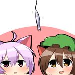  ahoge animal_ears blush brown_eyes brown_hair cat_ears chen crossover fang fish fishing_line fishing_lure hat kantai_collection mob_cap multiple_girls open_mouth pink_eyes purple_hair tama_(kantai_collection) touhou trait_connection twumi 