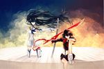  9tsumura bad_id bad_pixiv_id bakuzan black_hair blue_eyes boots crossed_swords epaulettes fingerless_gloves gloves high_heels junketsu katana kill_la_kill kiryuuin_satsuki long_hair matoi_ryuuko midriff multicolored_hair multiple_girls navel red_hair school_uniform scissor_blade senketsu sheath sheathed short_hair single_glove sitting skirt suspenders sword thigh_boots thighhighs two-tone_hair weapon 