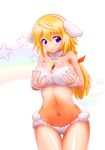  1girl animal_costume animal_ears blonde_hair blush breast_hold breast_squeeze breasts charlotte_dunois cleavage cookie dog dog_ears food french_poodle hair_ribbon infinite_stratos large_breasts looking_at_viewer navel open_mouth ponytail purple_eyes ribbon simple_background smile solo star stars 