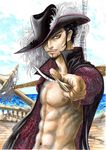  abs absurdres black_hair close-up dracule_mihawk facial_hair foreshortening goatee hat high_collar highres jacket jewelry knife long_sleeves looking_at_viewer male_focus manly muscle navel navel_hair nipples one_piece open_clothes open_jacket pendant plume ringed_eyes shipwreck solo sword takumi_(marlboro) water weapon yellow_eyes 
