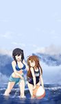  2girls :d ^_^ absurdres antenna_hair ball beachball bikini black_hair blue_sarong blush breasts brown_hair cleavage closed_eyes day highres hu_sea ichijou_hotaru koshigaya_komari long_hair medium_breasts multiple_girls name_tag non_non_biyori o-ring o-ring_bikini o-ring_top one-piece_swimsuit open_mouth sarong school_swimsuit short_hair sky smile splashing swimsuit triangle_mouth wading water 