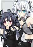  aqua_eyes bare_shoulders black_hair black_heart blush elbow_gloves gloves hair_ornament hair_ribbon hand_on_hip kami_jigen_game_neptune_v leotard looking_at_viewer meimu_(infinity) multiple_girls neptune_(series) open_mouth red_eyes ribbon siblings sisters thighhighs twintails two_side_up uni_(choujigen_game_neptune) white_hair 