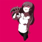  black_legwear black_skirt brown_hair collar horror_(theme) ken_(koala) long_hair original pantyhose red_background red_eyes shirt shoes simple_background skirt sleeves_pushed_up solo spread_fingers waving white_shirt 