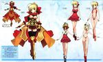  ahoge alternate_costume armor ass asymmetrical_clothes bikini blonde_hair bow breasts bun_cover character_sheet cleavage crossed_legs crown dress fate/extra fate/extra_ccc fate_(series) green_eyes hair_bow hair_bun high_heels medium_breasts modern_costume_of_crimson multiple_views mythology_mystic_code_of_emperor nero_claudius_(fate) nero_claudius_(fate)_(all) official_art red_lightning slingshot_swimsuit standing swimsuit thighhighs thong_bikini turnaround wada_aruko watson_cross 