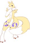  2018 ambiguous_gender anthro black_sclera digimon fur hi_res nude paperclip_(artist) purple_eyes renamon simple_background solo tuft white_background white_fur yellow_fur 