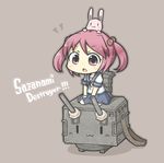  animal animal_on_head bad_id bad_pixiv_id bunny bunny_on_head chibi hair_bobbles hair_ornament kantai_collection machinery on_head open_mouth red_eyes red_hair rensouhou-chan sazanami_(kantai_collection) school_uniform serafuku sitting turret twintails yuasan 