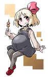  :q blonde_hair bow commentary_request dress food hair_bow kugelschreiber loafers looking_at_viewer pantyhose pinafore_dress pregnant red_eyes rumia shoes short_hair smile solo tongue tongue_out touhou 