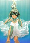  absurdres bare_shoulders barefoot black_hair breasts closed_eyes collarbone don_michael dress floating_hair ganaha_hibiki highres idolmaster idolmaster_(classic) leg_up long_hair medium_breasts ponytail scan see-through smile solo sundress toes underwater white_dress 