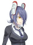  alternate_headwear blue_hair checkered checkered_neckwear footwear_on_head hair_over_one_eye kantai_collection komejiru_tatsunoshin necktie object_on_head shoes short_hair solo tenryuu_(kantai_collection) uwabaki yellow_eyes 