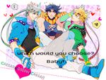  alternate_color bad_id bad_pixiv_id blonde_hair blue_jacket bow caesar_anthonio_zeppeli dual_persona eighth_note facial_mark fingerless_gloves gloves green_eyes green_jacket heart jacket jojo_no_kimyou_na_bouken joseph_joestar_(young) knee_pads multiple_boys musical_note palette_swap player_2 purple_hair sakaumi scarf speech_bubble spoken_musical_note spoken_squiggle squiggle sweat white_hair 