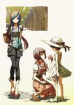  2girls arms_behind_back bad_id bad_pixiv_id bag banned_artist blue_hair braid brown_hair character_request child cropped_jacket crossdressing dress handkerchief hat kneepits legs long_hair looking_away multicolored_hair multiple_girls otoko_no_ko shion_(kof) shirt shoes short_hair short_sleeves shorts size_difference squatting stone_floor straw_hat striped t-shirt the_king_of_fighters twin_braids very_long_hair yoshii 