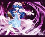  alternate_color alternate_hair_color blue_hair blue_skirt book bow capelet crescent dress hair_bow hair_ornament hat hat_bow kz_nagomiya long_hair long_sleeves looking_at_viewer magic_circle mob_cap open_book open_hand open_mouth outstretched_arm patchouli_knowledge purple_background purple_eyes skirt socks solo striped striped_dress touhou 