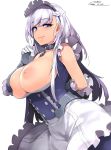  1girl apron arm_behind_back azur_lane bangs bare_shoulders belfast_(azur_lane) blue_dress blue_eyes blush braid breasts breasts_outside buttons chains closed_mouth collar collarbone corset dated dress dress_pull eyebrows_visible_through_hair french_braid frilled_apron frilled_gloves frills gauntlets gloves happa_(cloverppd) large_breasts leaning_forward long_hair looking_at_viewer maid maid_apron maid_headdress nipples signature silver_hair simple_background smile solo swept_bangs underbust white_apron white_background white_gloves 