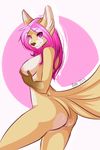  &lt;3 aimi anthro breasts butt butt_heart canine female fluffy_tail fox gloves_(marking) hair holding_breast long_hair looking_at_viewer mammal markings nipples nude pink_hair purple_eyes smile solo thighs white_belly 