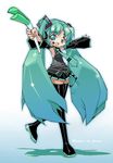  aqua_eyes aqua_hair boots breasts detached_sleeves hair_ornament hatsune_miku headset long_hair necktie pleated_skirt robert_de_jesus skirt small_breasts solo spring_onion thigh_boots thighhighs twintails very_long_hair vocaloid zettai_ryouiki 
