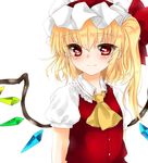  ascot bad_id bad_pixiv_id blonde_hair flandre_scarlet hat hat_ribbon koyashaka looking_at_viewer mob_cap puffy_short_sleeves puffy_sleeves red_eyes ribbon short_hair short_sleeves side_ponytail simple_background skirt skirt_set smile solo touhou white_background wings 