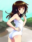  bakemonogatari bare_shoulders blush brown_eyes brown_hair day from_behind kemi_(kemi433) long_hair monogatari_(series) one-piece_swimsuit sengoku_nadeko smile solo swimsuit white_swimsuit 