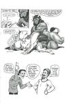  anthro balls beard big_breasts body_hair bovine breasts comic cum cum_inflation duo english_text erect_nipples excessive_cum facial_hair female from_behind greyscale horn huge_breasts huge_penis human humor inflation karno lactating male mammal monochrome muscles nipples nude penis sex straight text the_truth vein 