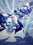  armband belt blue_eyes blue_hair cape gloves highres lying magical_girl mahou_shoujo_madoka_magica miki_sayaka nicolas ripples short_hair solo thighhighs water zettai_ryouiki 