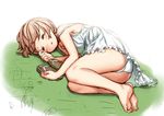  bare_shoulders barefoot blush brown_hair closed_eyes dress feet legs lying on_side original panties sandals shoes_removed short_hair sleeping solo takotsu underwear 