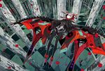  1girl :< android checkered_floor claws cloak commentary_request cyborg flying highres horns long_arms mecha_musume mechanical_wings original palow photoshop_(medium) purple_eyes purple_hair quad_tails red_eyes red_wings science_fiction shoes solo wings 