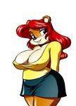  bear bedroom_eyes big_breasts breasts chochi cleavage clothed clothing female hair long_hair looking_at_viewer mammal plain_background red_hair smile wide_hips 