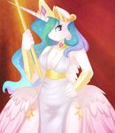  anthro anthrofied bracelet breasts cleavage clothed clothing crown cutie_mark dress equine female friendship_is_magic gem gold hair hand_on_hip harmoniousrain horn horse jewelry mammal multi-colored_hair my_little_pony necklace polearm pony princess_celestia_(mlp) purple_eyes sparkles spear standing winged_unicorn wings 