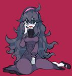  @_@ ahoge black_hair blue_eyes breasts chibi cupcake dress food hairband hex_maniac_(pokemon) highres long_hair mary_janes medium_breasts nail_polish pale_skin pokemon pokemon_(game) pokemon_xy red_background ribbed_sweater shoes sitting smile solo sweater tsui_ni_tsuin yokozuwari 