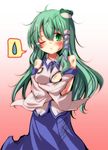  areola_slip areolae bad_id bad_pixiv_id bare_shoulders blush breasts colorized crossed_arms detached_sleeves dirty_clothes frog_hair_ornament gradient gradient_background green_eyes green_hair hair_ornament highres kochiya_sanae kousui_kakuritsu_30_percent long_hair long_sleeves medium_breasts one_eye_closed pink_background s-syogo shirt skirt snake_hair_ornament solo spoken_sweatdrop sweatdrop tears torn_clothes torn_shirt torn_sleeves touhou very_long_hair wide_sleeves 