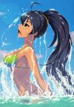  absurdres ahoge antenna_hair bikini black_hair breasts cleavage don_michael fang from_side ganaha_hibiki green_bikini green_eyes high_ponytail highres idolmaster idolmaster_(classic) lens_flare long_hair medium_breasts navel open_mouth partially_submerged ponytail profile scan solo string_bikini swimming swimsuit very_long_hair wading water wet wet_hair 