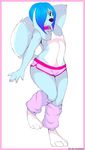  blue_fur blue_hair blue_nose canine clothed clothing collar dog ear_piercing fur geekidog girly green_eyes hair male mammal piercing skimpy solo topless wide_hips 