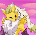  anthro black_nose canine claws cloud cute digimon dog female fox fur gloves green_fur happy horn kagay male mammal nude on_top outside purple_fur raised_arm renamon size_difference sky smile standing terriermon white_fur yellow_fur young 
