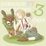  1:1_ratio bent_knees blonde_hair blush breasts camera collarbone copyright_name english english_text eyes_closed female gogoat gym_leader happy knees legs nintendo number pixiv_id_3556325 pokemon scatterbug shoes short_hair sitting small_breasts smile spewpa text viola_(pokemon) wristband 